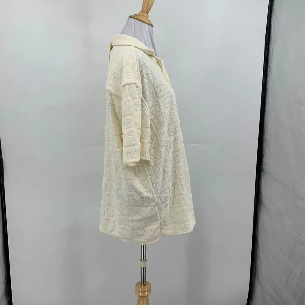 H&M Smiley Shirt Women M Medium Baby Yellow Button Up Relaxed Fit Terry Embossed